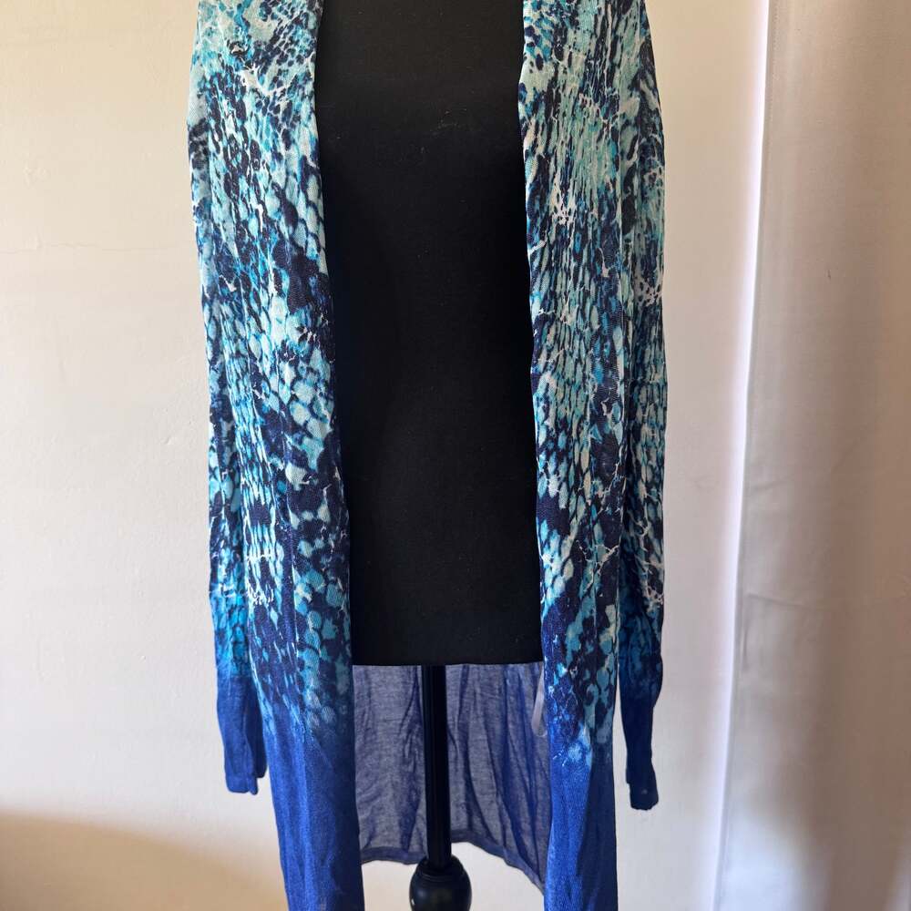 Chico's Blue Geometric Open Front Long Sleeve Cardigan Sweater 1X